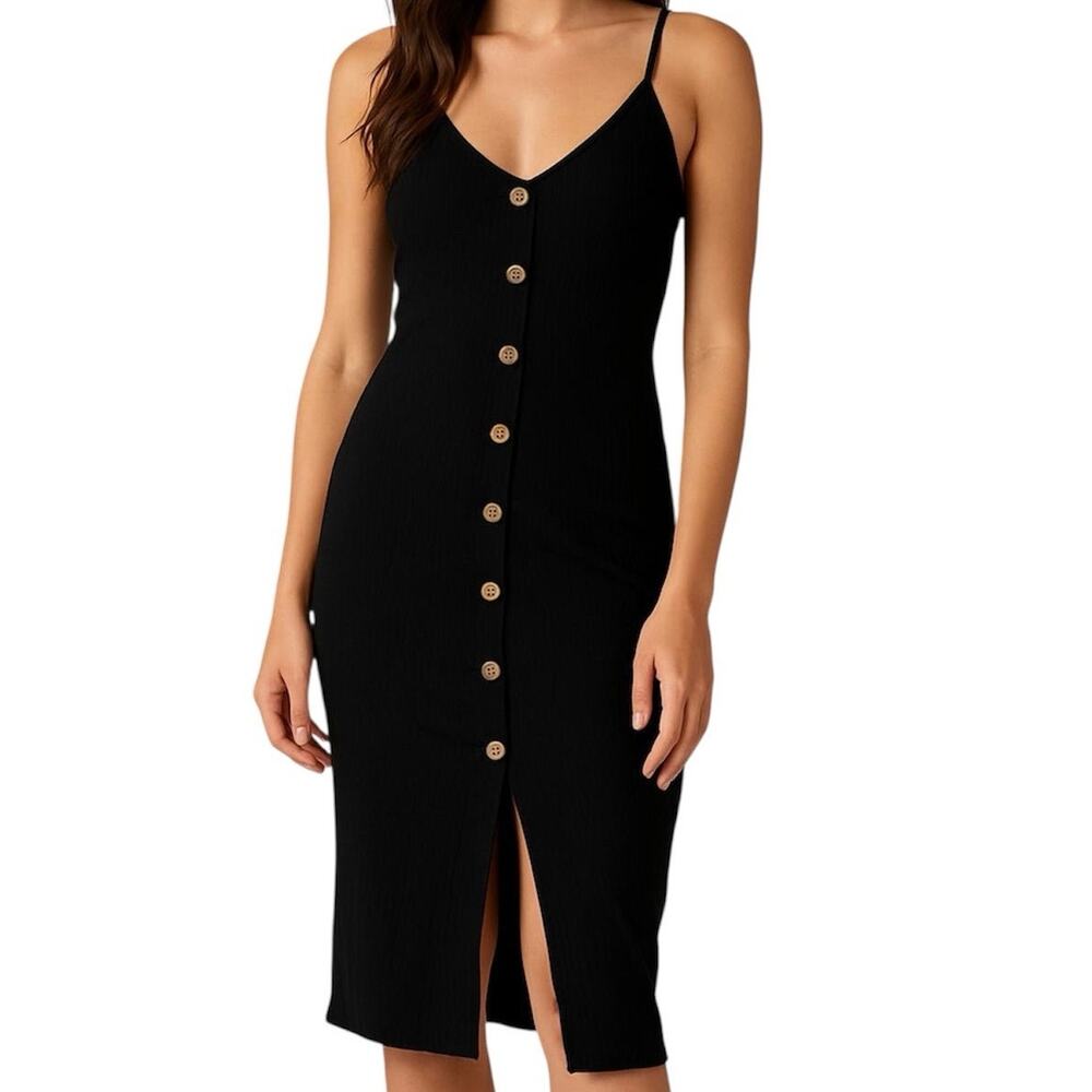 Express Black Ribbed Sleeveless Dress With Button Accents Size Large